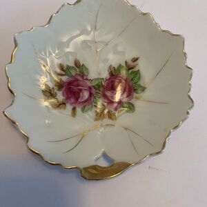 Japan Floral Trinket Dish Made in Japan Maple Leaf With Purple Roses &Gold Trim